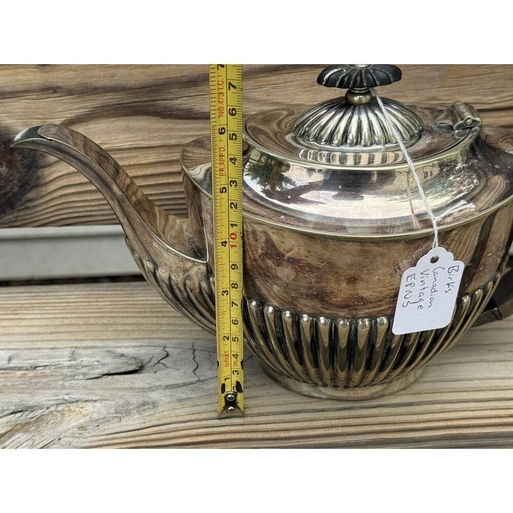 Vintage Birks EPNS Silverplate Art Deco Fluted Teapot Black Handle Canada Tea Po